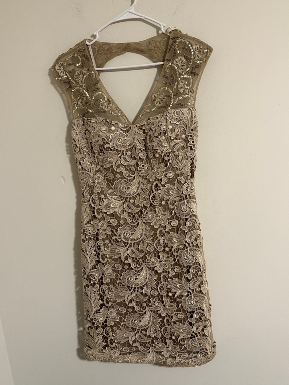 Sue Wong nocturne vintage champagne Gold and Cream Lace Embellished Mini Dress 8